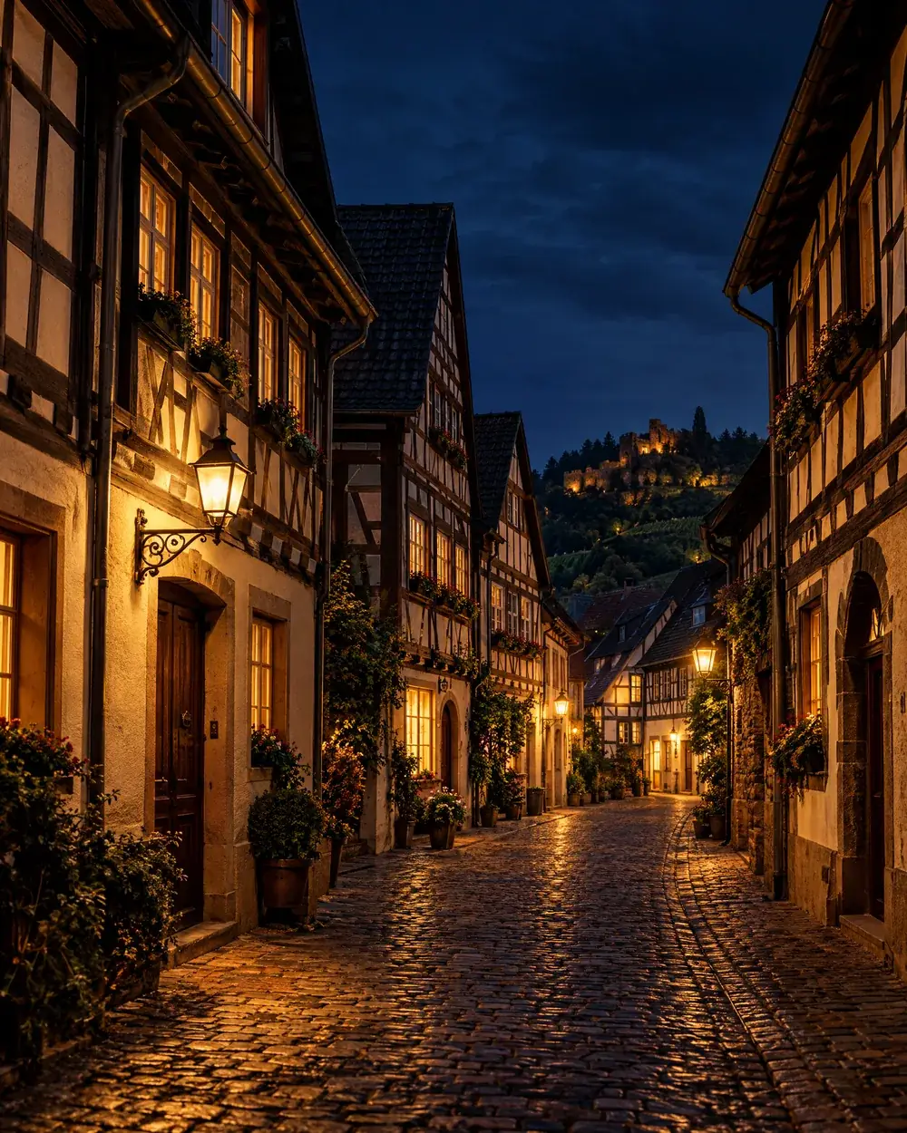 Historische Fachwerkgasse in der Abendstimmung